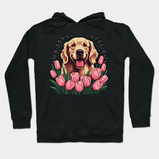 A Golden Retriever surrounded with pink tulips, illustration Hoodie